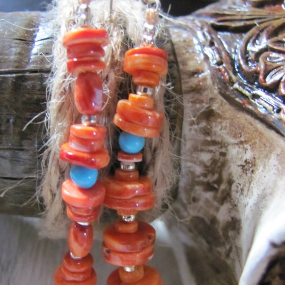 ZUNI HAND MADE SPINY  OYSTER & SLEEPING BEAUTY TURQUOISE EARRINGS - Picture 16 of 16